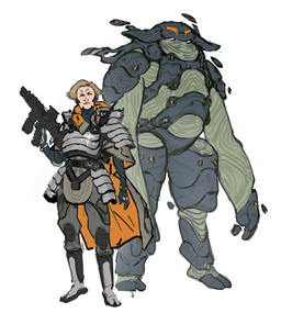 2_toes 3_fingers 5_fingers ambiguous_gender ambiguous_humanoid armor arms_bent belt belt_pouch black_belt black_eyebrows black_eyes blonde_hair blue_markings boots bottomwear breastplate cloak clothed clothed_ambiguous clothed_female clothed_human clothed_humanoid clothing duo empty_eyes eyebrows facial_markings feet female female_human fingers footwear forehead_markings fully_clothed fully_clothed_female fully_clothed_human furrowed_eyebrows green_body grey_armor grey_boots grey_bottomwear grey_clothing grey_footwear grey_helmet grey_pants grey_toes gun hair head_markings holding_gun holding_object holding_ranged_weapon holding_weapon knee_pads larger_ambiguous larger_humanoid lips markings mouth_closed mouthless narrowed_eyes noseless not_furry orange_cloak orange_clothing pants pauldron ranged_weapon shoes short_hair simple_background size_difference smaller_female smaller_human squint standing straight_arm tan_lips text toes weapon white_background cristina_lavina_ferez highguard_(game) jewish_mythology mythology human humanoid mammal mythological_creature mythological_golem 2026 absurd_res character_name concept_art digital_drawing_(artwork) digital_media_(artwork) english_description english_text flat_colors hi_res official_art