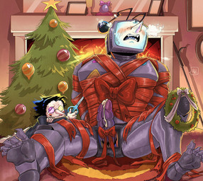 antennae_(anatomy) black_hair bow_ribbon christmas_decorations christmas_ornament christmas_star christmas_tree electronics eyewear feet fireplace for_a_head genitals glasses grey_body hair holidays machine male mecha ornament penis plant ribbons screen screen_face solo television tree white_body magedon christmas deltarune undertale_(series) spamton_g._spamton tenna_(deltarune) object_head screen_head tv_head hi_res