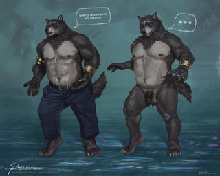 5_fingers 5_toes abs annoyed annoyed_pred anthro areola armband armlet balls barazoku bedroom belly belly_overhang belt belt_accessory bent_leg biceps biped black_areola black_belt black_nose black_penis blue_eyes blue_gem bottomwear bracelet claw_fingers claw_toes claws clothed clothing deltoids denim denim_bottomwear denim_clothing dialogue duo electricity embarrassed erection eyebrows facial_tuft fangs feet finger_claws fingers fluffy fluffy_tail front_view fur gem genitals gesture glans gold_(metal) gold_jewelry goldgem gradient_background grey_body grey_fur hand_gesture head_tuft humanoid_genitalia humanoid_penis humor jeans jewelry knee_up knees_pulled_up light lightning looking_at_another looking_down male multicolored_body multicolored_fur musclegut muscular muscular_anthro muscular_arms muscular_legs muscular_male navel neck_tuft nipples nude nude_anthro nude_male pants pattern_background pawpads pecs penis pointy_ears pose pubes pubic_fuzz quads raised_eyebrow rhetorical_question shirtless shirtless_anthro shirtless_humanoid shirtless_male simple_background solo speech_box speech_bubble speechless standing tail tail_tuft talon_hands talons teeth teeth_showing text thick_penis toe_claws toes tongue topless topless_anthro topless_male trapezius triceps tuft two_tone_body two_tone_fur vein veiny_penis white_belly white_body white_fur wide_hips wristband drayce_farley adastra adastra_(series) echo_project amicus_(adastra) canid canine canis humanoid mammal wolf 2026 5:4 absurd_res colored digital_drawing_(artwork) digital_media_(artwork) digital_painting_(artwork) hi_res painting_(artwork) portrait shaded signature url watermark