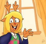 2_horns 4_fingers anthro antlers big_eyes blonde_hair brown_body brown_eyes buckteeth checkered checkered_clothing checkered_topwear checkered_vest clothed clothing eyebrows eyelashes female fingers freckled_face freckles green_clothing green_topwear green_vest hair happy horn inside looking_at_viewer open_mouth open_smile pattern_clothing pattern_topwear pattern_vest pink_tongue pupils red_clothing red_nose red_topwear red_vest shirt smile solo teeth tongue topwear two_tone_vest vest white_clothing white_shirt white_topwear window dydy_silva cc-by-nc-nd christmas_just_a_week_away! creative_commons deltarune undertale_(series) noelle_holiday deer mammal new_world_deer reindeer digital_media_(artwork) hi_res redraw shaded signature soft_shading textless