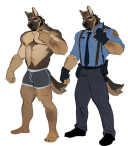 5_fingers anthro beard boxer_briefs boxer_briefs_only bulge clothed clothing facial_hair fingerless_gloves fingers gloves green_boxer_briefs green_clothing green_underwear handwear holster male muscular muscular_male necktie nipples pecs police police_uniform simple_background smile solo topless underwear underwear_only uniform white_background white_seam_boxer_briefs seatohao canid canine canis domestic_dog german_shepherd herding_dog mammal pastoral_dog hi_res