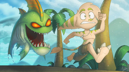 3_toes ambiguous_gender anthro attack barefoot beach bottomwear claws clothed clothing detailed_background duo feet male outside pants pants_only plantigrade running scared soles toe_claws toes topless tropical bluestripedrenulian ratchet_and_clank sony_corporation sony_interactive_entertainment jekt_(jekt_the_lombax) poolshark aquatic fish lombax mammal 16:9 widescreen