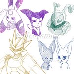 ambiguous_gender antennae_(anatomy) armor bodily_fluids claws clothing fangs gloves group hair handwear kerchief long_ears markings spikes sweat teeth neotamine bandai_namco digimon arthropod blackgatomon digimon_(species) felid feline gatomon impmon insect lunamon magnamon mammal reptile scalie stingmon 1:1 bust_portrait digital_drawing_(artwork) digital_media_(artwork) monochrome portrait