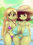 :> ahoge big_breasts bikini blonde_hair blurred_background breast_size_difference breasts brown_hair clothing duo ears_down eyelashes female freckled_breasts freckled_legs freckled_thighs freckles green_bikini green_body green_clothing green_skin green_swimwear hair hat headgear headwear humanoid_pointy_ears long_hair looking_at_viewer medium_breasts navel not_furry pivoted_ears pointy_ears purple_bikini purple_clothing purple_swimwear short_hair smile standing swimwear thick_thighs two-piece_swimsuit wide_hips 20pesos_sopa mother_daughter_boob_envy_(meme) lara_(20pesos_sopa) lei_(20pesos_sopa) goblin humanoid absurd_res hi_res meme sibling_(lore) sister_(lore) sisters_(lore)