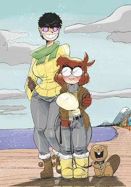 anthro beaver_tail big_breasts blush blush_lines breasts buckteeth clothing collar eyewear female glasses gloves grin group handwear huge_breasts leash male nerd outside scarf simple_background smile sweater teeth topwear trio winter winter_clothing winter_coat north_star_500 beaver mammal rodent comic hi_res