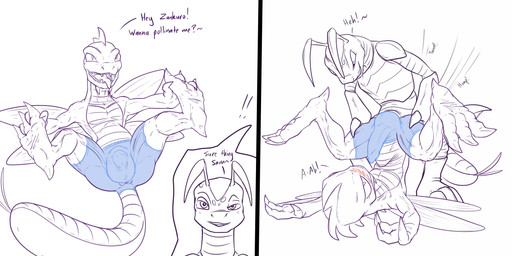 abdominal_bulge anal anal_penetration anthro anus anus_outline arms_above_head aroused ass_up balls big_balls big_bulge big_penis big_tail blush bottomwear bulge claws clothed clothing detailed_bulge duo eager erection feet genitals grin hand_on_foot hands_on_legs holding_both_legs holding_feet humping in_the_air inviting inviting_to_sex leaning_over leg_pull legs_up lying male male/male on_back on_top paws penetration penetration_through_clothing penile penile_penetration penis penis_in_ass presenting raised_paw revealing_outfit rough_anal seductive sex sex_through_clothing shorts skimpy smile tail teasing tenting text thick_tail through_clothing thrust_lines thrusting tight_bottomwear tight_bulges tight_clothing tight_shorts tight_underwear tongue tongue_out underwear conditional_dnp samagthrav2 neopets zankuro_(flardan) arthropod buzz_(neopets) dragonfly insect neopet_(species) ruki_(neopets) absurd_res comic english_text hi_res