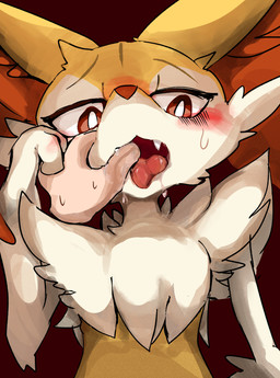 ambiguous_anthro ambiguous_gender anthro arm_tuft blush blush_lines bodily_fluids cheek_tuft chest_tuft cute_fangs disembodied_hand dripping duo facial_tuft fangs finger_in_mouth front_view fur furrowed_eyebrows half-closed_eyes inner_ear_fluff looking_at_viewer multicolored_body multicolored_fur narrowed_eyes nude_ambiguous nude_anthro open_mouth orange_body orange_eyes orange_fur orange_nose pointy_ears prick_ears saliva saliva_drip shoulder_tuft snout solo_focus sweat sweatdrop teeth tongue tongue_out tuft white_body white_fur yellow_body yellow_fur izon448 nintendo pokemon braixen canid generation_6_pokemon mammal pokemon_(species) 2024 bust_portrait digital_drawing_(artwork) digital_media_(artwork) half-length_portrait hi_res portrait shaded