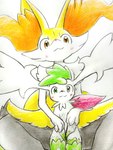 ambiguous_gender anthro blush blush_lines duo fur green_body green_eyes green_fur green_hair hair hug inner_ear_fluff looking_at_viewer orange_body orange_eyes orange_fur pawpads paws tuft white_body white_fur yellow_body yellow_fur eiroru nintendo pokemon braixen canid canine generation_4_pokemon generation_6_pokemon legendary_pokemon mammal pokemon_(species) shaymin sky_forme_shaymin 2024 graphite_(artwork) hi_res traditional_media_(artwork)