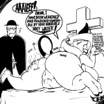 anthro bed big_breasts big_butt breasts butt clothing cross dialogue duo ellipsis eyes_closed eyewear female frown furniture genitals glasses hat headgear headwear horn huge_butt male nude open_mouth pillow priest pubes pussy spade_tail speech_bubble tail text darkboss demon human mammal 1:1 english_text monochrome