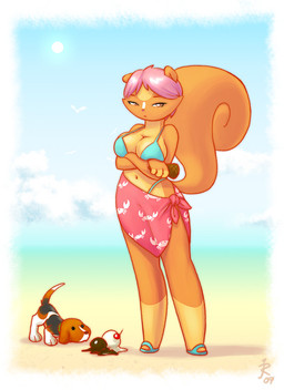 ambiguous_gender annoyed anthro beach bikini border breasts clothed clothing crossed_arms dessert detailed_background duo female feral food ice_cream looking_at_viewer outside sand seaside solo_focus standing sun sunny swimwear two-piece_swimsuit white_border joe_randel random_(joe_randel) aquatic arthropod beagle canid canine canis crab crustacean decapod domestic_dog hunting_dog malacostracan mammal rodent scent_hound sciurid tree_squirrel 2010 colored