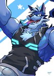 anthro blue_body blue_fur fur long_tongue male sleeveless_hoodie solo tongue dark-dusk dark4202n lifewonders tokyo_afterschool_summoners tindalos_(tas) canid canine canis mammal wolf hi_res