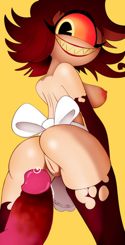 1_eye big_butt blush bodily_fluids breasts butt clothed clothing duo erection faceless_character faceless_male fangs female genital_fluids genitals hair male male/female nipples nude open_mouth open_smile partially_clothed penis precum red_hair simple_background smile teeth thick_thighs vulva yuffrytheowl hazbin_hotel hellaverse niffty_(hazbin_hotel) cyclops demon demon_humanoid humanoid absurd_res hi_res