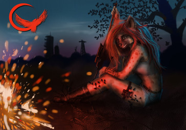 anthro boots campfire clothing dark female fire footwear fur gun hair long_hair markings plant post-apocalyptic ranged_weapon rifle shoes solo spots spotted_body spotted_fur tree weapon ravn_kravits lizz_(ravn-kravits) hyena mammal