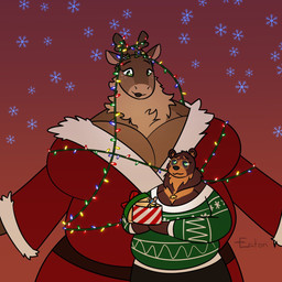 anthro belly big_belly big_breasts breasts brown_body brown_fur clothing coat fur lights sweater topwear eaton_(artist) eaton queen_(bighorntbeardg) queenie yulia_(bighorntbeardg) bear deer mammal new_world_deer reindeer hi_res