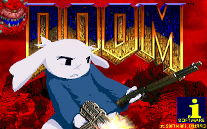 anthro bottomless clothed clothing facial_scar female fur furrowed_eyebrows gun hell muzzle_flash parody ranged_weapon scar shirt shirt_only shotgun t-shirt t-shirt_only text topwear topwear_only weapon white_body white_fur nameofthedj cave_story doom_(series) id_software microsoft sue_sakamoto cacodemon lagomorph mammal mimiga 16:10 crossover digital_media_(artwork) english_text pixel_(artwork) widescreen