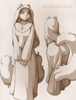 anthro butt cross cross_necklace female fluffy fluffy_tail jewelry long_tail necklace nun presenting presenting_hindquarters solo tail conditional_dnp jay_naylor madeline_(jay_naylor) domestic_cat felid feline felis mammal 2021 digital_media_(artwork) hi_res monochrome shaded sketch watermark