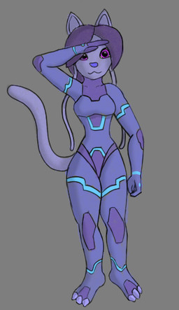 antennae_(anatomy) anthro blue_highlights bodysuit clothing female gesture grey_background hair highlights_(coloring) latex latex_clothing latex_skinsuit purple_body purple_eyes purple_hair salute simple_background skinsuit smile solo therrian tight_clothing moltare vibra_matsuri_(nickzilla) felid feline mammal