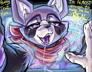 after_kiss ambiguous_gender anthro bodily_fluids countershade_face countershade_torso countershading crying dialogue duo facial_markings first_person_view fur gloves_(marking) hand_on_face head_markings human_pov kerchief kerchief_only kissing_pov male markings mask_(marking) mostly_nude_anthro open_mouth open_smile purple_body purple_eyes purple_fur purple_tongue red_kerchief saliva saliva_string smile talking_to_viewer tears tears_of_joy text through_screen tongue mrease indigo_park rambley_raccoon human mammal procyonid raccoon 2025 digital_drawing_(artwork) digital_media_(artwork) english_description english_text story story_in_description
