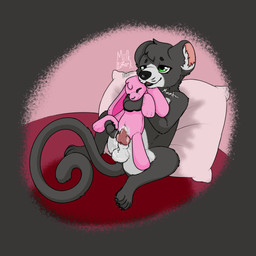 anthro bed bedroom_eyes curling_tail fur furniture genitals green_eyes grey_body grey_fur knot knotted_penis male motion_lines narrowed_eyes onomatopoeia penis pillow pink_body plushie plushophilia raised_leg seam_ripping seductive solo sound_effects stuffing tail text white_body white_fur young young_male m1lkb4rk andy_nonimose bear haplorhine hybrid lagomorph leporid mammal monkey primate rabbit 1:1 hi_res
