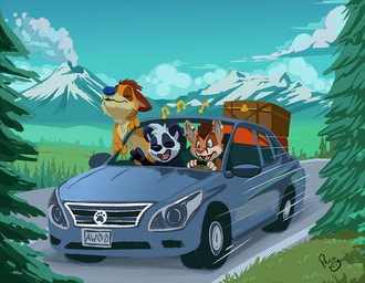anthro black_body black_fur blue_nose blue_sky car casual_nudity cloud day driving_car eyes_closed fangs fur grass green_eyes group inside_car inside_vehicle logo male motion_lines mountain nude open_mouth open_smile orange_body orange_fur outdoor_nudity outside plant sky smile social_nudity tan_body tan_fur teeth tree trio vehicle white_body white_fur young young_anthro young_male pandapaco parinton bear giant_panda mammal artist_logo digital_media_(artwork) digital_painting_(artwork) painting_(artwork) shaded signature soft_shading
