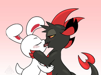 ambiguous_gender black_body blush claws deep_kiss duo eyes_closed french_kissing kissing licking licking_tongue open_mouth simple_background smile tail text thick_thighs tongue tongue_out tongue_wrap elicitie chikn_nuggit mythology fwench_fwy_(chikn_nuggit) iscream_(chikn_nuggit) dragon lagomorph leporid mammal mythological_creature mythological_scalie rabbit scalie 2022 digital_media_(artwork) hi_res nonbinary_(lore)