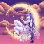 2020 anklet anthro areola breasts clothing crescent_moon detailed_background digital_media_(artwork) equid equine female fur hair hooves horn jewelry long_hair looking_at_viewer magic mammal moon mythological_creature mythological_equine mythology night nipples outside purple_eyes purple_hair sky solo star starry_sky translucent translucent_clothing unicorn vashaa white_body white_fur