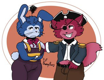 anthro areola big_breasts blue_body blue_fur breasts bulge clothed clothing duo female fur machine male male/female navel red_body red_fur sharp_teeth tail teeth thick_thighs whiskers wide_hips bawnzybun five_nights_at_freddy's scottgames bonnie_(fnaf) foxy_(fnaf) animatronic canid canine fox lagomorph leporid mammal rabbit robot low_res
