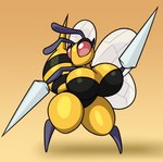 2022 absurd_res antennae_(anatomy) arthropod beedrill big_breasts big_butt breasts butt cleavage clothed clothing digital_drawing_(artwork) digital_media_(artwork) female frostlock generation_1_pokemon hi_res hymenopteran insect insect_wings mouthless nintendo pokemon pokemon_(species) red_eyes shadow simple_background solo standing stinger stinger_(anatomy) tan_background wings yellow_body yellow_skin