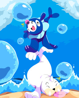 ambiguous_gender beach blue_body bubble cloud duo emanata eyes_closed fangs feral happy horn open_mouth sea sky tail teeth tongue tongue_out water white_body sleepy_sealion nintendo pokemon generation_1_pokemon generation_7_pokemon pokemon_(species) popplio seel 2025 4:5 absurd_res dated hi_res signature