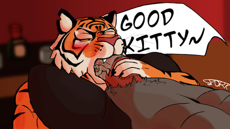 anthro anthro_on_anthro anthro_penetrated anthro_penetrating anthro_penetrating_anthro big_penis bodily_fluids claws duo faceless_character faceless_male fangs fellatio fur genitals inside male male/male male_penetrated male_penetrating male_penetrating_male nude oral penetration penile penis penis_in_mouth pet_praise praise saliva sex striped_body striped_fur stripes teeth text vein veiny_penis whiskers sporkcomms epic_games fortnite mythology dire_(fortnite) oscar_(fortnite) canid canine felid mammal mythological_canine mythological_creature pantherine tiger werecanid werecanine werecreature werewolf 16:9 absurd_res english_text hi_res widescreen