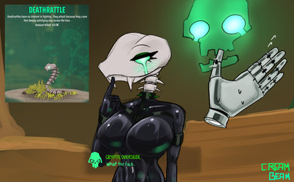 anthro bone face_slap female latex reanimated skeleton slap_mark solo text creambeam far_far_west deathrattle_(far_far_west) reptile scalie snake english_text hi_res