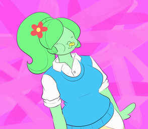 abstract_background anthro blue_clothing blue_sweater blue_topwear bodily_fluids breasts cleavage clothed clothed_anthro clothed_female clothed_humanoid clothing duo eyelashes eyeless female fur gloves green_body green_hair grey_body grey_fur hair handwear midriff navel pink_hair plant saliva sweater teeth tongue tongue_out topwear white_clothing white_gloves white_handwear yellow_clothing yellow_tongue theycallhimcake nickelodeon spongebob_squarepants the_spongebob_squarepants_movie frannie_funbun lili_(theycallhimcake) elemental_creature elemental_humanoid flora_fauna humanoid lagomorph leporid mammal plant_humanoid rabbit 2016 2d_animation animated animated_gif digital_media_(artwork) english_description frame_by_frame loop short_playtime