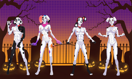abs aged_up anthro anthrofied athletic athletic_male balls breasts can casual_nudity cemetery collar collar_only container electronics feet female flaccid foreskin fur genitals group headphones holding_can holding_container holding_object holidays humanoid_genitalia humanoid_penis jack-o'-lantern kerchief kerchief_only looking_at_viewer male navel nipples nude outdoor_nudity outside paint partially_retracted_foreskin pecs penis plant smile spots spray_paint tail toes tombstone tree vulva dal101strefan 101_dalmatian_street 101_dalmatians disney halloween d.j._(101_dalmatians) da_vinci_(101_dalmatians) deepak_(101_dalmatians) dorothy_(101_dalmatians) canid canine canis dalmatian domestic_dog mammal 5:3 digital_media_(artwork) hi_res