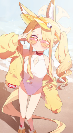 accessory animal_ears beach bent_arm blonde_hair blush clothing collarbone eyewear female flat_chested fluffy_ears footwear gesture hair hair_accessory halo hand_gesture hat headgear headwear jacket knock-kneed long_hair looking_at_viewer narrowed_eyes navel_outline one-piece_swimsuit pink_eyes ponytail shoes side_ponytail sparkles sunglasses swimwear tail teeth topwear undercut_hair visor_cap water white_clothing white_swimwear yellow_clothing yellow_footwear yellow_jacket_(clothing) yellow_shoes yellow_topwear young young_female young_humanoid usamimikurage blue_archive nexon seia_(blue_archive) animal_humanoid canid canid_humanoid canine canine_humanoid fox_humanoid humanoid mammal mammal_humanoid absurd_res hi_res