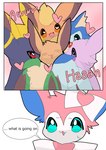 ambiguous_gender colored comic dialogue ears_up eevee eeveelution espeon female_(lore) feral flareon generation_1_pokemon generation_2_pokemon generation_4_pokemon generation_6_pokemon glaceon group heart_oculama heart_symbol hi_res leafeon male_(lore) nintendo okazu onomatopoeia pokemon pokemon_(species) sound_effects speech_bubble spiral_eyes squish surrounded sylveon talking_feral text umbreon vaporeon