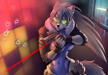 anthro belt breasts clothing eyebrows eyelashes eyewear female fingerless_gloves fur gloves grey_body grey_fur grey_hair gun hair handgun handwear inner_ear_fluff jacket leotard medium_breasts navel_outline pistol ponytail ranged_weapon solo topwear tuft visor weapon wide_hips luigiix canid canine canis mammal wolf 2025 hi_res