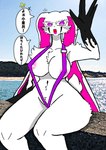 areola areola_slip big_breasts breasts clothing dropped ears_outwards female navel nipple_outline one-piece_swimsuit pivoted_ears sea seaside short sitting sling_bikini solo string swimwear tail water wide_hips souki_kinpira51 demon absurd_res hi_res