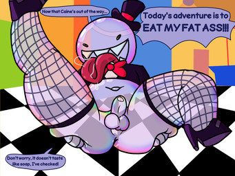 anthro anthrofied anus belly big_belly big_butt big_tongue butt butt_squish clothing fishnet_clothing fishnet_legwear fishnet_thigh_highs footwear genitals hat headgear headwear high_heels legwear penis sharp_teeth shoes small_penis squish teeth text thick_thighs thigh_highs tongue top_hat translucent translucent_body chibitay glitch_productions the_amazing_digital_circus bubble_(tadc) animate_inanimate living_bubble 4:3 absurd_res english_text hi_res