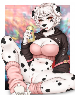 anthro black_claws black_clothing black_eyebrows black_hoodie black_markings black_nose black_topwear blush bottomless breasts can cheek_tuft claws cleavage clitoral_hood clitoris clothed clothing collarbone container crop_top cropped_hoodie eyebrows eyelashes facial_tuft female floppy_ears footwear fur genitals hair holding_can holding_container holding_object hoodie legwear looking_at_viewer markings navel open_mouth pink_clothing pink_crop_top pink_footwear pink_legwear pink_shirt pink_shoes pink_topwear shirt shoes short_hair sitting small_waist snout solo spots spotted_body spotted_fur spread_legs spreading teeth topwear torn_clothing torn_hoodie torn_topwear tuft vulva white_body white_fur white_hair yellow_eyes sugarrrpeach coors trixie_(bloodwolf1996) canid canine canis dalmatian domestic_dog mammal colored digital_drawing_(artwork) digital_media_(artwork) hi_res shaded