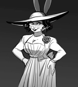 anthro arms_bent arms_by_side black_hair breasts cleavage clothed clothing cotton_tail dress female flower fully_clothed hair hands_on_hips hands_on_own_hips hat headgear headwear holding_hips lipstick long_ears makeup plant rose_(flower) smile solo standing sun_hat sundress whiskers wide_brim_hat malengil_(artist) capcom resident_evil alcina_dimitrescu bow_experiment_(resident_evil) cadou_host_(resident_evil) lagomorph leporid mammal rabbit vampire monochrome