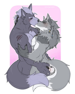 affectionate anthro arm_grab arm_scar back_muscles barazoku biceps black_eye_patch black_eyewear blush bodily_fluids border braided_hair butt butt_grab chest_scar claws duo eye_patch eyes_closed eyewear french_kissing fur grey_body grey_fur hair hand_on_arm hand_on_butt hand_on_neck holding_another holding_arm holding_butt holding_neck holding_partner kiss_on_lips kissing larger_anthro larger_male love male male/male manly mercenary muscular muscular_anthro muscular_arms muscular_male muscular_thighs neck_grab neck_scar nude nude_anthro nude_male pecs rear_view scar size_difference smaller_anthro smaller_male standing sweat sweatdrop sweaty_arms sweaty_chest sweaty_face sweaty_legs tail thick_arms thick_thighs tough_guy white_body white_border white_fur soradezwolfox nintendo star_fox wolf_o'donnell canid canine canis mammal wolf 4:5 hi_res
