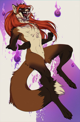 alternate_form anthro athletic barbie_doll_anatomy big_tail bodily_fluids canine_teeth chest_tuft claws demonic femboy finger_claws fluffy fluffy_tail gloves_(marking) grin hair horn leg_markings long_hair male markings nude open_mouth purple_energy purple_eyes purple_horn red_hair saliva simple_background smile socks_(marking) solo tail teeth toe_claws tongue tongue_out tuft wolfedir ashmedai_ben_agrat canid canine demon fox hybrid mammal 2024 hi_res