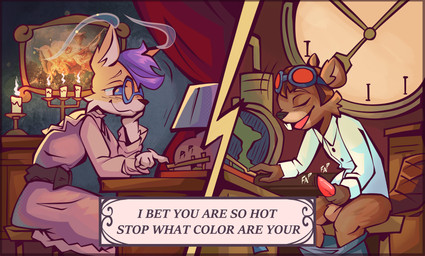 ambiguous_gender anthro clothed clothing crossdressing dress duo eyewear glasses goggles hair humor male masturbation penile penile_masturbation purple_hair sex_work sexting telegraph text texting victorian sonofan cotton_(cottonthebeaver) lloxie_(character) beaver canid canine fox mammal phasefox rodent absurd_res english_text hi_res nonbinary_(lore)