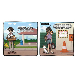 ambiguous_gender clothing construction dialogue female feral group open_mouth outside street text kashicats domestic_cat felid feline felis human mammal 1:1 comic digital_media_(artwork) english_text