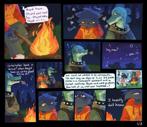 10_panel_comic angry ankh anthro black_body black_fur bottomwear brown_eyes campfire cigarette clothing collar dialogue duo ear_piercing eyebrows female footwear fur green_body hoodie light log looking_down looking_sideways looking_up mouth_piercing night outside pants piercing plant red_eyes reminiscing shoes sitting skirt snout spiked_collar spikes star teeth text topwear torn_bottomwear torn_clothing torn_pants tree wood c0rpses0ul night_in_the_woods bea_santello mae_borowski crocodile crocodilian domestic_cat felid feline felis mammal reptile scalie 2025 comic english_text lighting