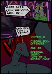 anthro canid canine canis comic dialogue electronics english_text game_show hi_res male mammal microphone oldgreg red_eyes reptile scalie snake speech_bubble text viper voting wolf yellow_eyes