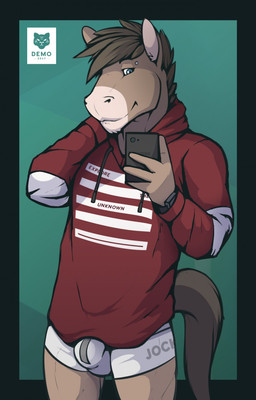 anthro biped blue_border blue_eyes border brown_body brown_fur brown_hair bulge clock clothed clothed_male clothing countershade_face countershading detailed_bulge electronics eyebrow_piercing facial_piercing front_view fur green_background hair hand_behind_neck holding_object holding_phone hoodie inner_ear_fluff looking_at_object looking_at_phone male male_anthro phone piercing selfie short_hair simple_background smile solo standing tail text text_on_clothing topwear tuft underwear watch white_body white_fur white_inner_ear_fluff d3mo equid equine horse mammal 2017 artist_name dated english_text hi_res portrait signature three-quarter_portrait