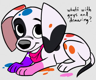 black_body black_fur black_nose black_spots blue_spots eye_patch_(marking) facial_markings female feral fur head_markings kerchief markings neckerchief neckwear orange_spots patch_(marking) pink_kerchief pink_neckerchief pink_paws purple_paws red_spots solo spots spotted_body spotted_fur text toony white_body white_fur mandrawsdog 101_dalmatian_street 101_dalmatians disney da_vinci_(101_dalmatians) canid canine canis dalmatian domestic_dog mammal english_text hi_res
