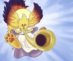 ambiguous_gender anthro brass_instrument christianity clothed clothing eyes_closed feathered_wings feathers feet foot_focus fur halo head_wings hindpaw holidays horn_(musical_instrument) musical_instrument pawpads paws religion robe simple_background smile solo toes unusual_wing_placement wind_instrument wings yellow_body yellow_fur mdjoe angel unknown_species character_request digital_drawing_(artwork) digital_media_(artwork) hi_res signature