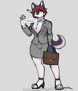 5_fingers anthro big_breasts big_ears biped black_blush black_clothing black_footwear black_high_heels black_nose blush blush_lines bottomwear breasts briefcase brown_bag button_(fastener) carrying_bag clothing collared_shirt dialogue digitigrade dress_shirt exclamation_point eye_through_hair eyebrow_through_hair eyebrows eyelashes eyelashes_through_hair female fingers footwear fur gesture goodbye grey_background grey_body grey_bottomwear grey_clothing grey_fur grey_skirt grey_suit grey_tail hair handbag heart_symbol high_heels holding_object humanoid_hands looking_at_viewer multicolored_body multicolored_fur open_mouth pen pupils red_hair shirt shoes short_snout simple_background skirt slit_pupils solo speech_bubble standing suit tail talking_to_viewer text thick_thighs topwear translucent translucent_hair two_tone_body two_tone_fur two_tone_tail white_body white_eyes white_fur white_tail working remilust abigail_(suitedwolfie) canid canine fox mammal marble_fox red_fox true_fox 2026 artist_name colored_sketch dated digital_drawing_(artwork) digital_media_(artwork) english_text guide_lines hi_res sketch watermark